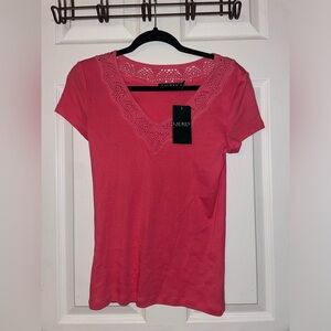 Ralph Lauren Coral Pink Lace V-Neck Tee NWT Medium